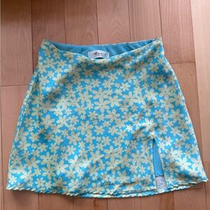 BLUE AND YELLOW FLORAL HAWAI MINI SKIRT XS SILK WITH SIDE SLIT